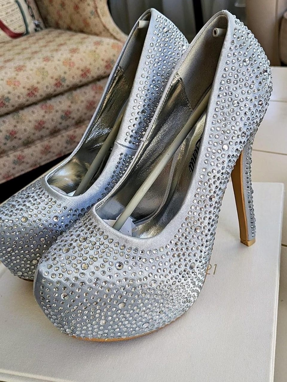 Silver Crystal Embellished High Heel Pumps - Women